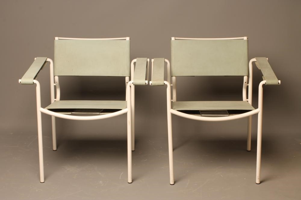 A PAIR OF ITALIAN SLING RETRO SLING CHAIRS in blue rubber and white painted tubular metal Image