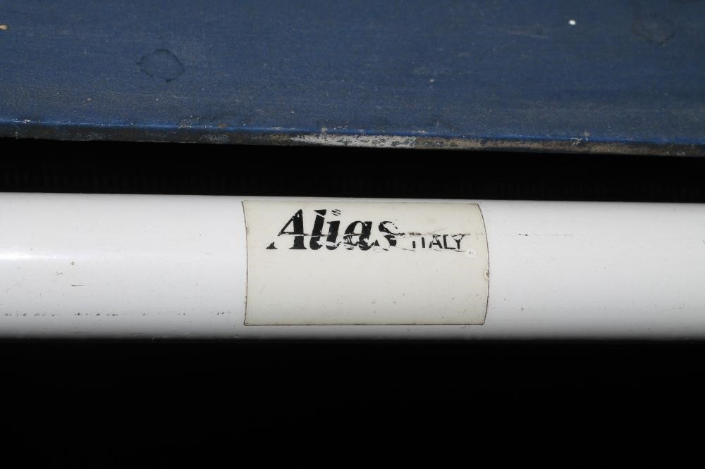 A PAIR OF ITALIAN SLING RETRO SLING CHAIRS in blue rubber and white painted tubular metal Image