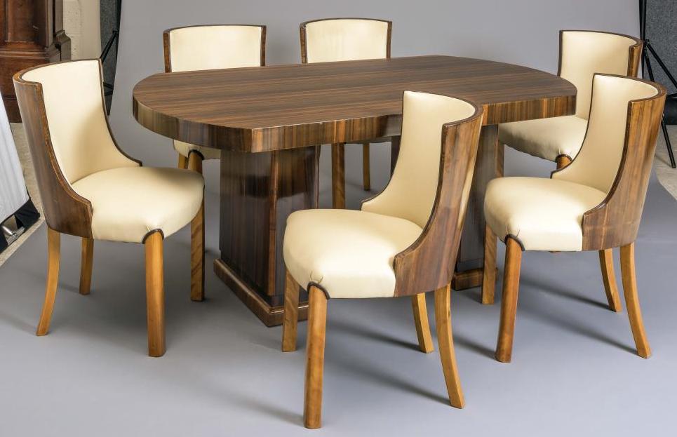 AN ART DECO MACASSAR EBONY DINING TABLE AND CHAIRS Image