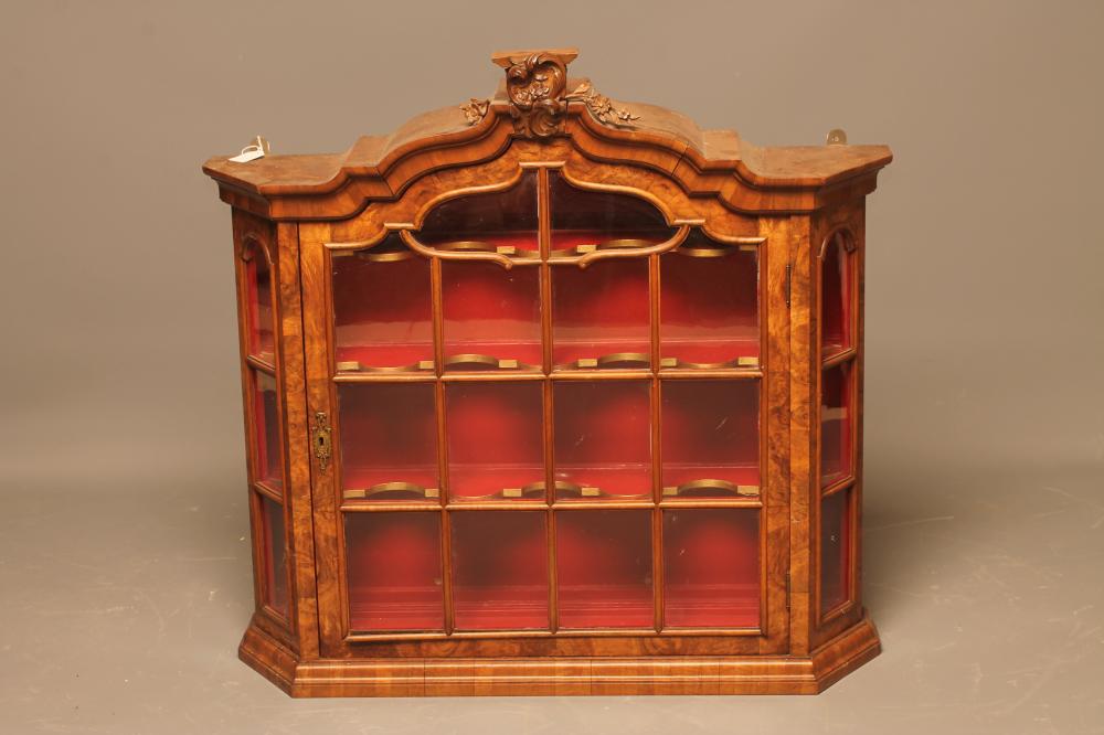A DUTCH BURR WALNUT WALL DISPLAY CABINET Image