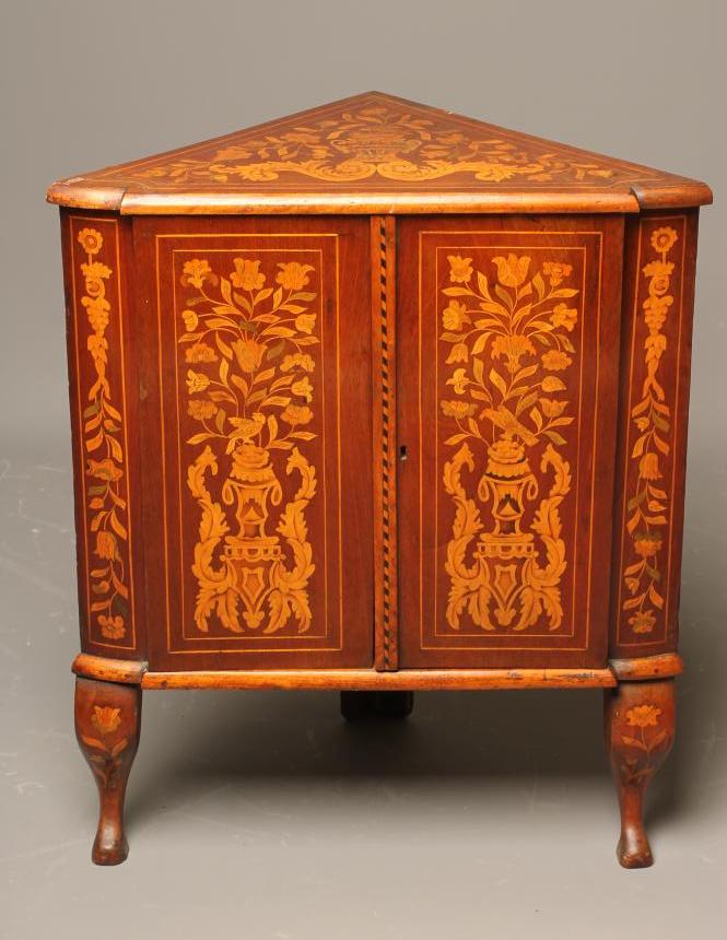A DUTCH WALNUT AND FLORAL MARQUETRY STANDING CORNER CUPBOARD Image