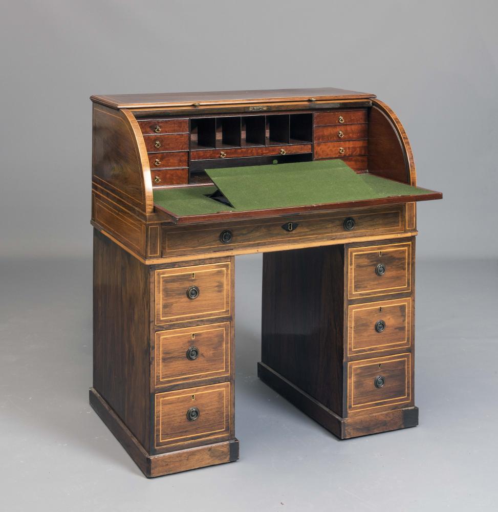 A LATE VICTORIAN ROSEWOOD AND SATINWOOD BANDED CYLINDER BUREAU Image