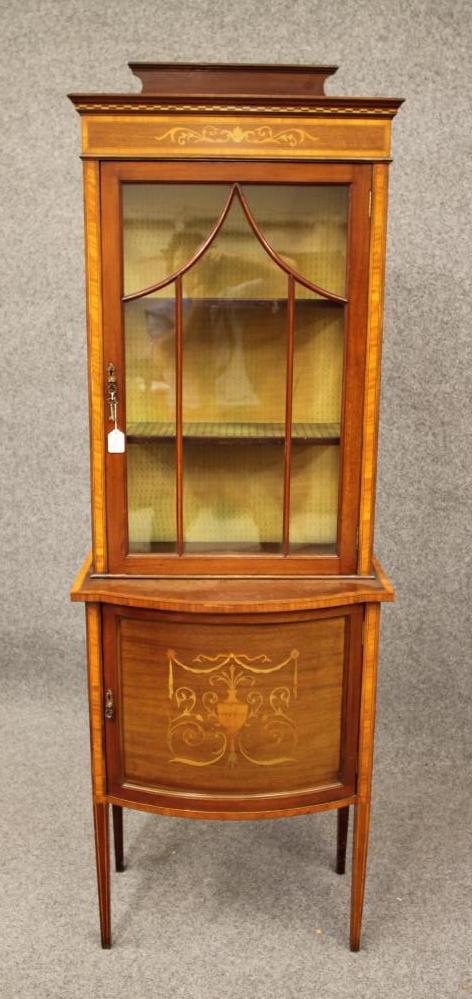 AN EDWARDIAN MAHOGANY AND MARQUETRY INLAID PIER DISPLAY CABINET Image