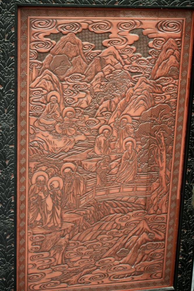 A CHINESE EBONISED WOOD FOLDING TWO SECTION ROOM SCREEN Image