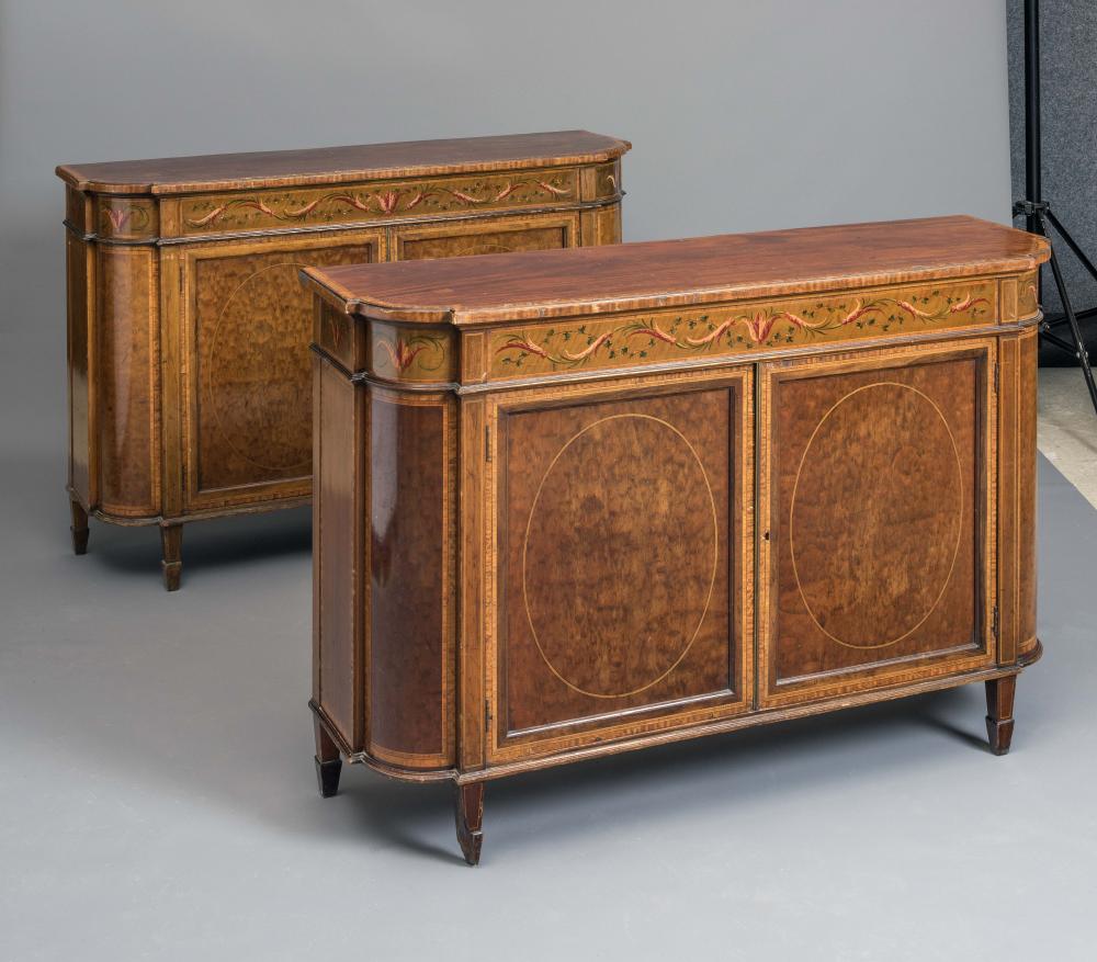 A PAIR OF EDWARDIAN MAPLE & CO. SIDE CABINETS of shallow D form with satinwood banding with Image