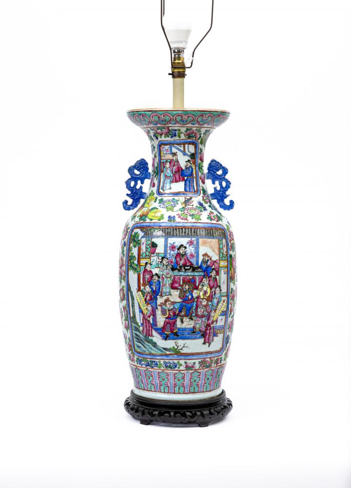 A CANTONESE PORCELAIN FAMILLE ROSE TWO HANDLED ROULEAU VASE painted with two panels of court Image