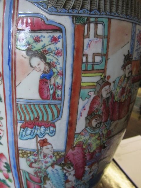 A CANTONESE PORCELAIN FAMILLE ROSE TWO HANDLED ROULEAU VASE painted with two panels of court Image