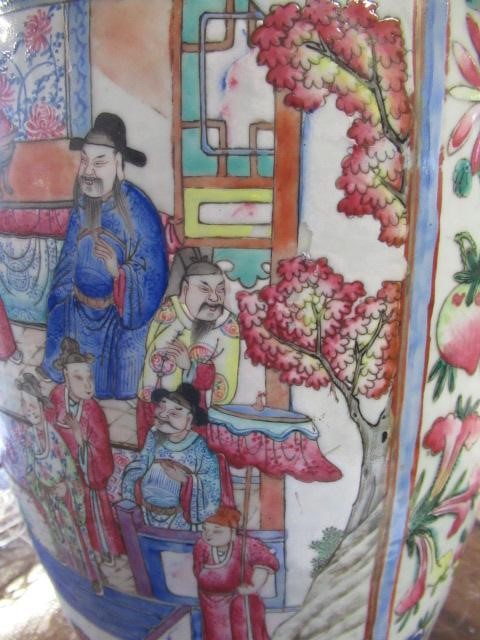 A CANTONESE PORCELAIN FAMILLE ROSE TWO HANDLED ROULEAU VASE painted with two panels of court Image