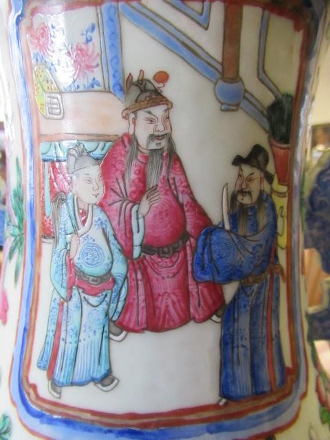 A CANTONESE PORCELAIN FAMILLE ROSE TWO HANDLED ROULEAU VASE painted with two panels of court Image