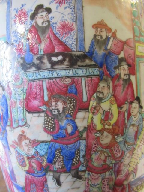 A CANTONESE PORCELAIN FAMILLE ROSE TWO HANDLED ROULEAU VASE painted with two panels of court Image