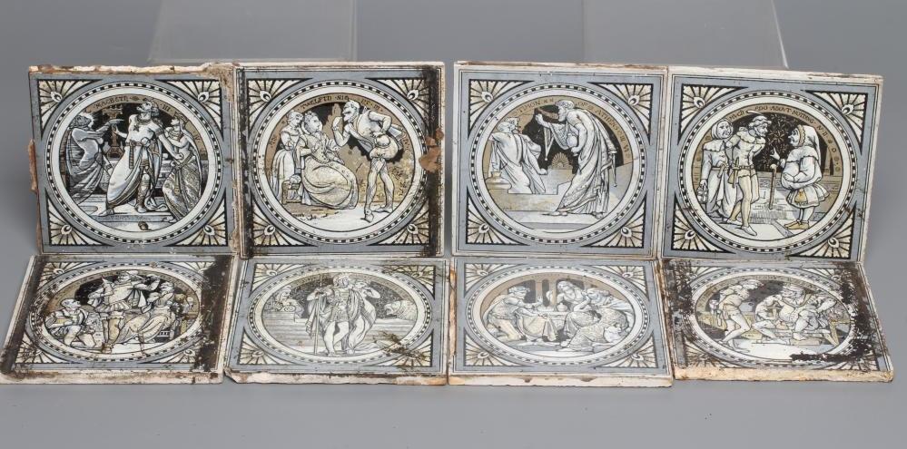 A SET OF EIGHT LATE VICTORIAN MINTONS TILES printed in sepia and grey with scenes from Shakespeare Image