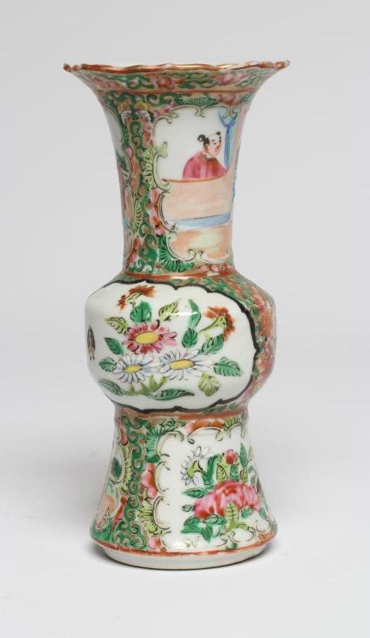 A CANTONESE PORCELAIN FAMILLE ROSE SMALL GU VASE painted with panels of figures, flowers and birds Image