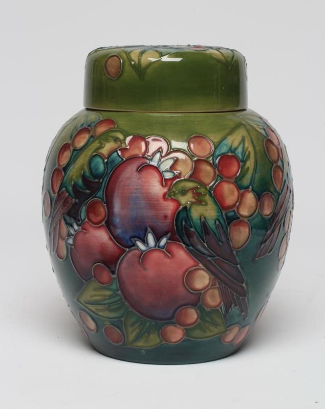 A MOORCROFT POTTERY FINCHES JAR AND COVER, 1991, painted in typical colours designed by Sally Image
