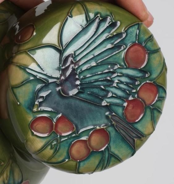 A MOORCROFT POTTERY FINCHES JAR AND COVER, 1991, painted in typical colours designed by Sally Image