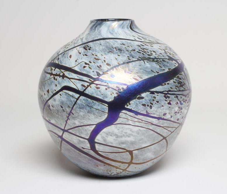 PETER LAYTON (b.1937), a studio bowl of globular form, blown iridescent glass, signed to the based Image