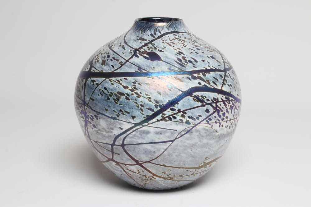 PETER LAYTON (b.1937), a studio bowl of globular form, blown iridescent glass, signed to the based Image