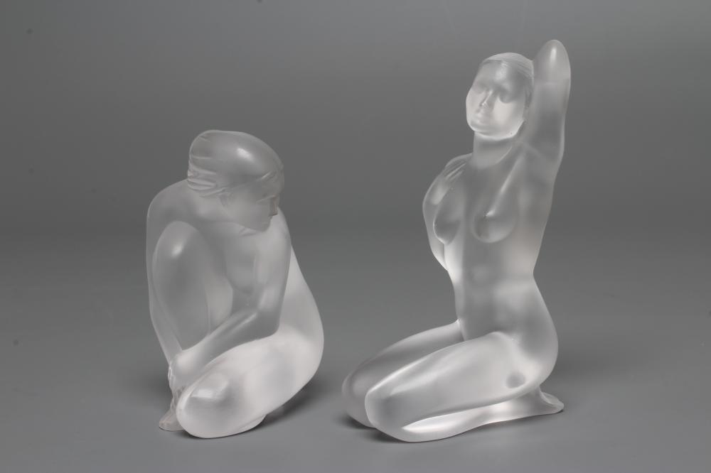 TWO LALIQUE FROSTED FIGURES, modern, both modelled as kneeling nudes, both marked Lalique France R, Image