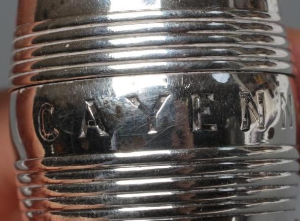 A LATE GEORGE III SILVER CAYENNE PEPPER CASTER Image