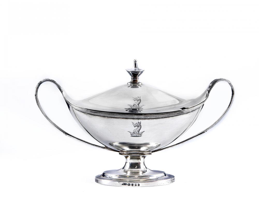 A LATE GEORGE III SILVER SAUCE TUREEN AND COVER Image
