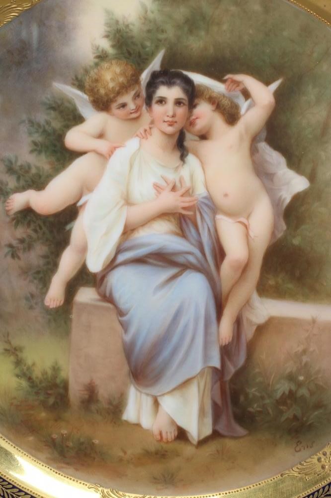 A VIENNA PORCELAIN CABINET PLATE centrally painted in polychrome enamels by Ens with 'L'eveil du Image