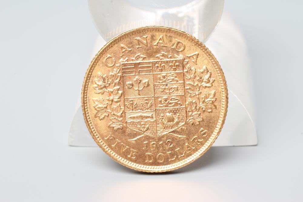 A GEORGE V CANADIAN GOLD $5, 1912, 8.4g (Est. plus 20% premium) Image