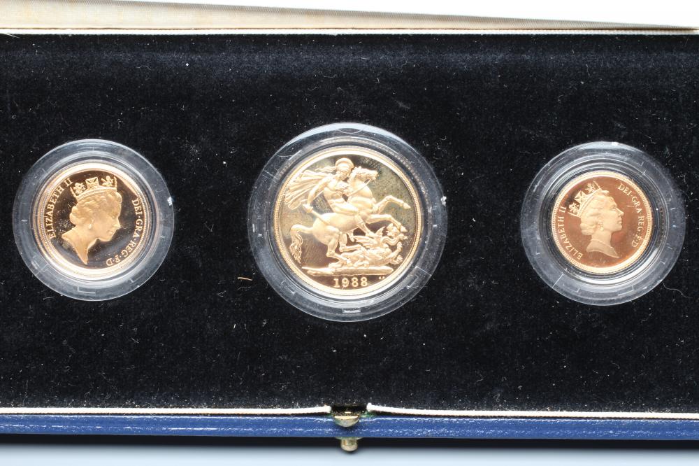 AN ELIZABETH II THREE COIN PROOF SET, 1988, comprising £2, sovereign and half sovereign, in capsules Image
