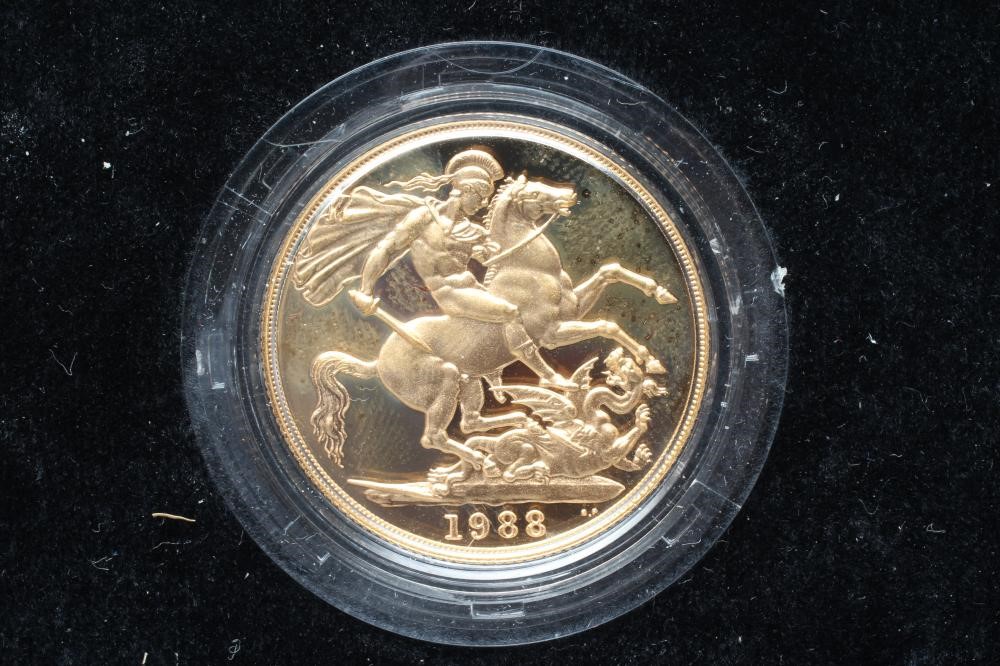 AN ELIZABETH II THREE COIN PROOF SET, 1988, comprising £2, sovereign and half sovereign, in capsules Image