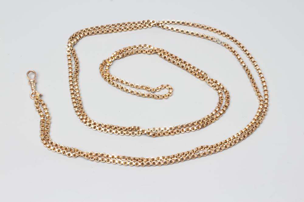 A GUARD CHAIN, the dog-clip fastener stamped 9c, the end link with applied plaque cast 9c (Est. plus Image