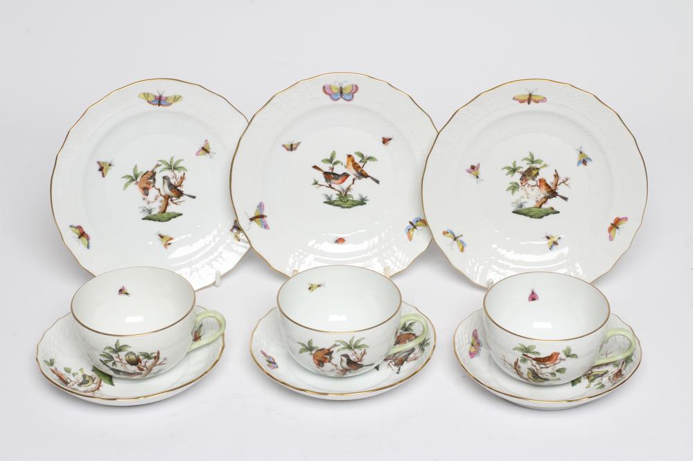 THREE HEREND PORCELAIN OZIER MOULDED TRIOS printed and over painted with the Rothschild Bird Image