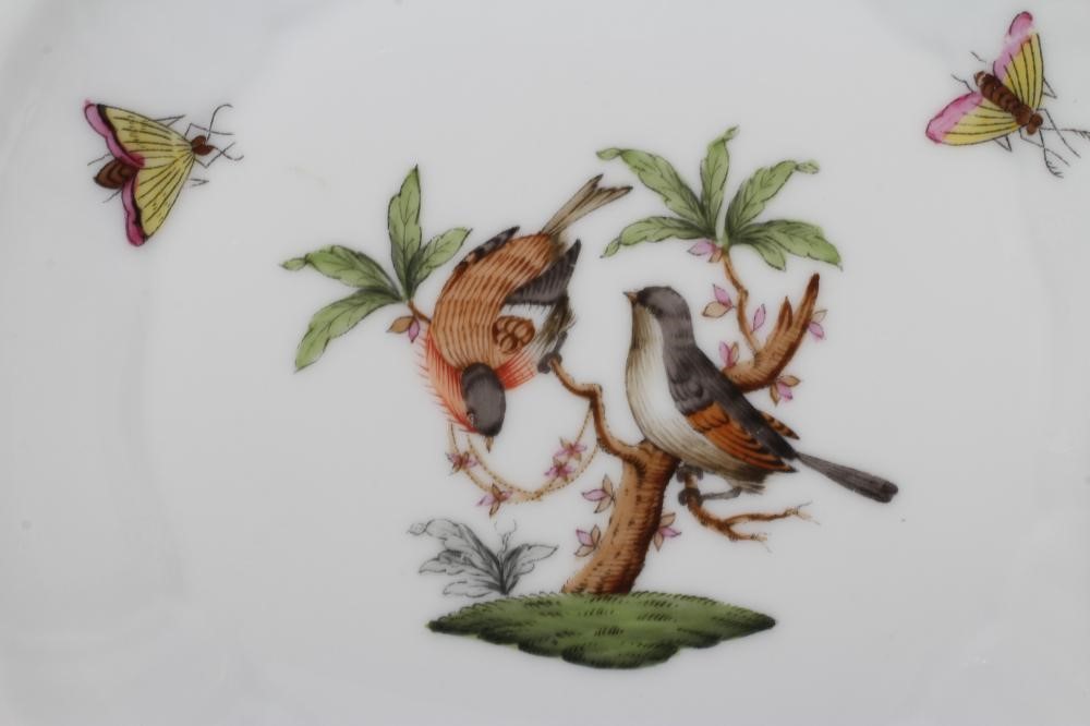 THREE HEREND PORCELAIN OZIER MOULDED TRIOS printed and over painted with the Rothschild Bird Image