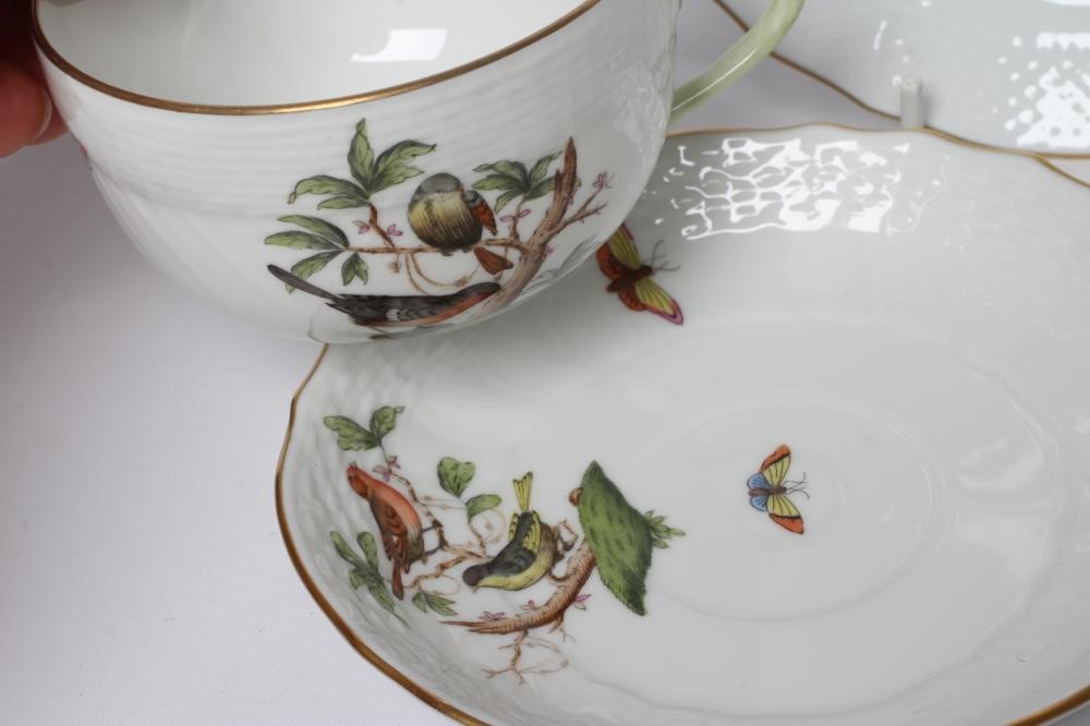 THREE HEREND PORCELAIN OZIER MOULDED TRIOS printed and over painted with the Rothschild Bird Image