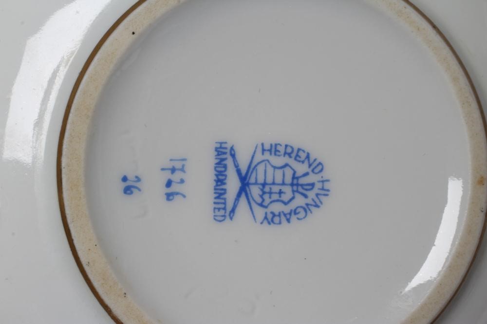 THREE HEREND PORCELAIN OZIER MOULDED TRIOS printed and over painted with the Rothschild Bird Image