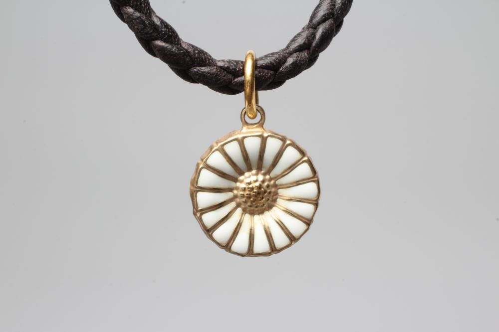 A GEORG JENSEN ENAMEL DAISY PENDANT with gilt edges, on a plaited leather choker with GJ silver Image