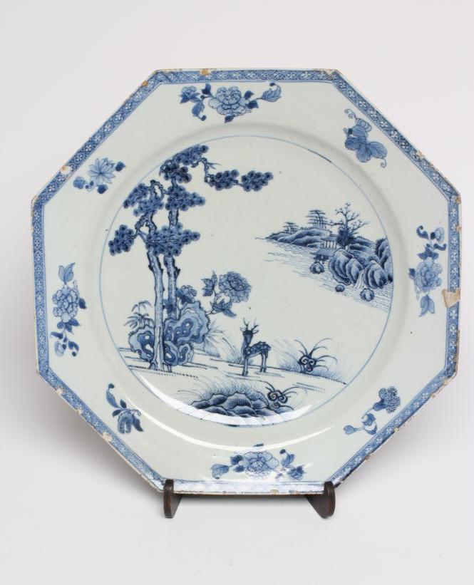 A CHINESE PORCELAIN CHARGER of octagonal form, painted in underglaze blue with a deer in open Image