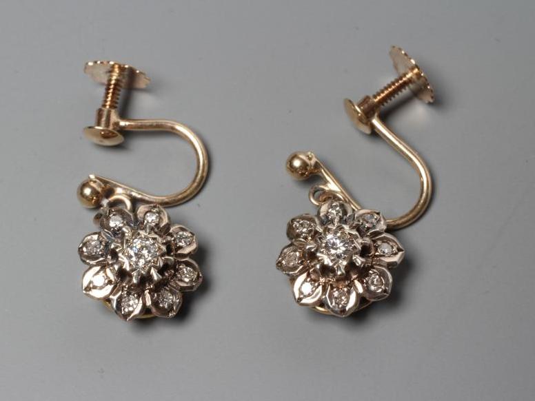 A PAIR OF DIAMOND CLUSTER DROP EARRINGS, the central stone within a border of eight small stones, Image