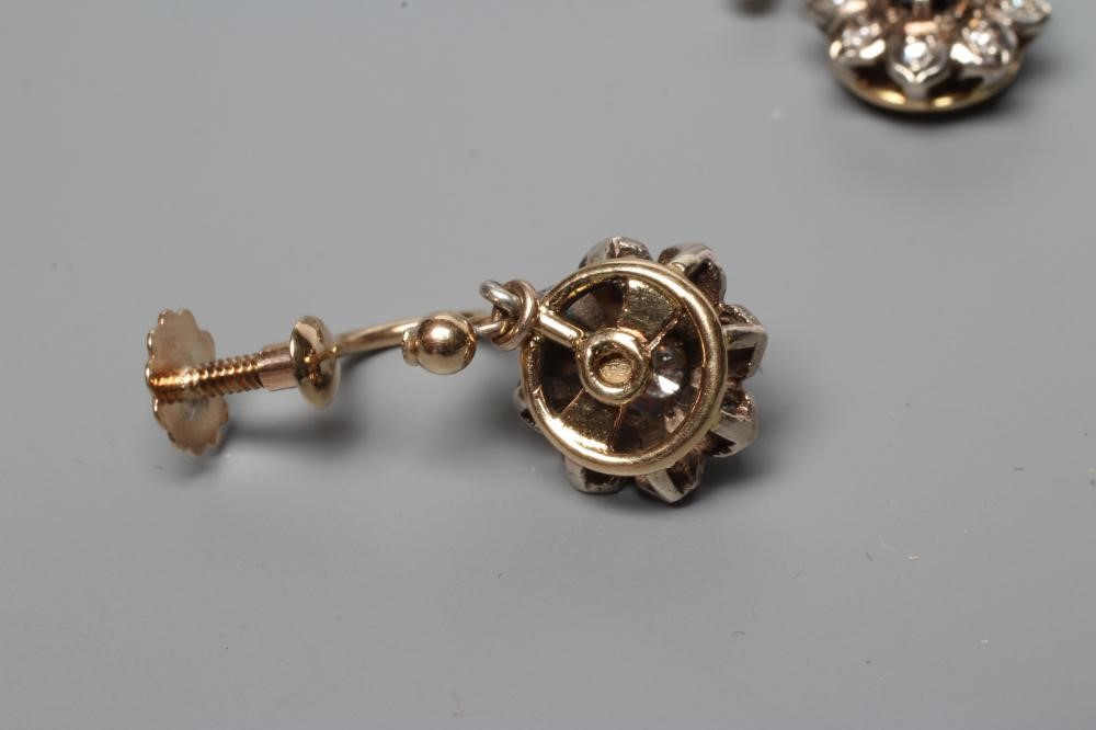 A PAIR OF DIAMOND CLUSTER DROP EARRINGS, the central stone within a border of eight small stones, Image