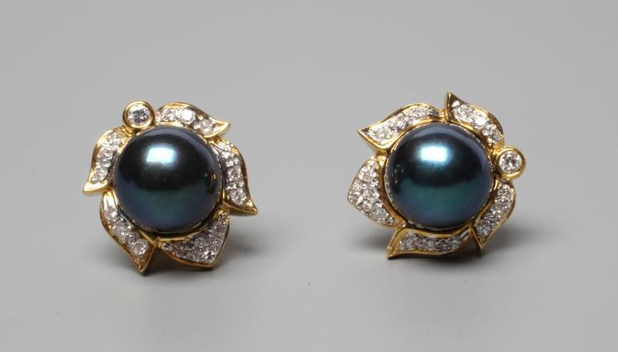A PAIR OF BLACK CULTURED PEARL AND DIAMOND CLUSTER EAR STUDS set to plain posts and butterflies, Image