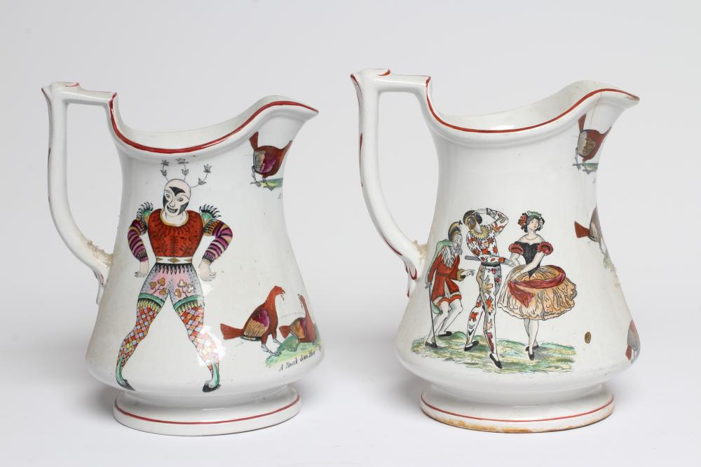 A PAIR OF VICTORIAN ELSMORE & FORSTER IRONSTONE PUZZLE JUGS of baluster form Image