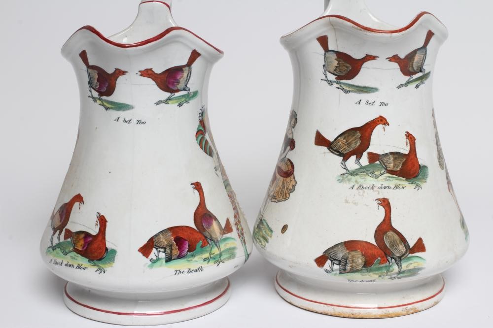 A PAIR OF VICTORIAN ELSMORE & FORSTER IRONSTONE PUZZLE JUGS of baluster form Image