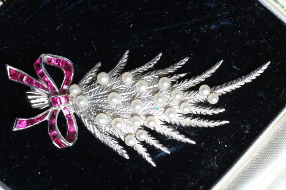 A RUBY AND DIAMOND HEATHER SPRAY DRESS CLIP Image