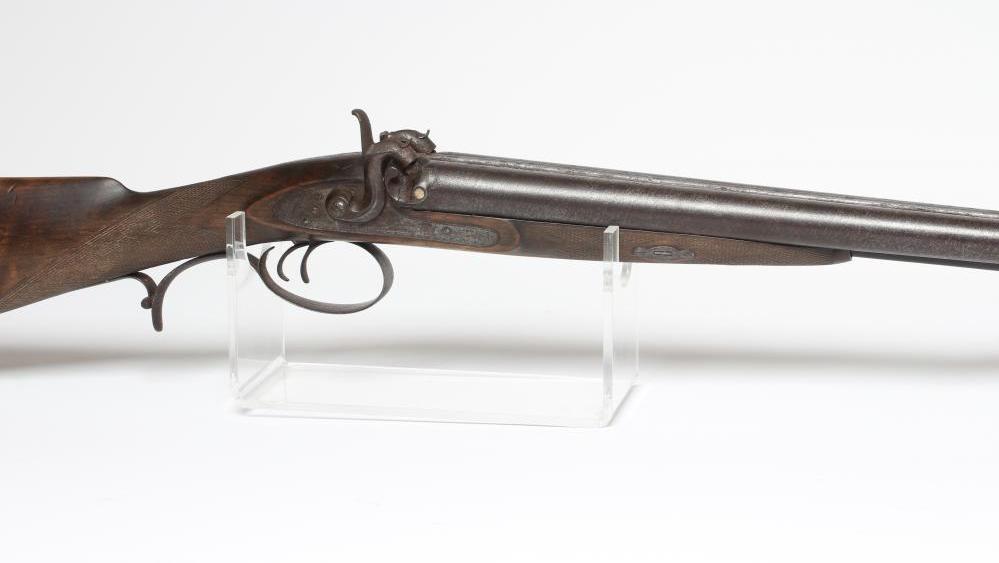 A PERCUSSION DOUBLE BARRELLED SHOTGUN Image