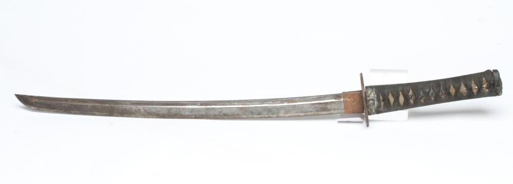 A JAPANESE WAKAZASHI with 17 1/2" curved and fullered blade Image