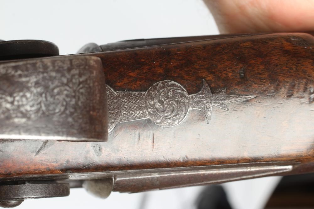 A PERCUSSION DOUBLE BARRELLED SHOTGUN Image