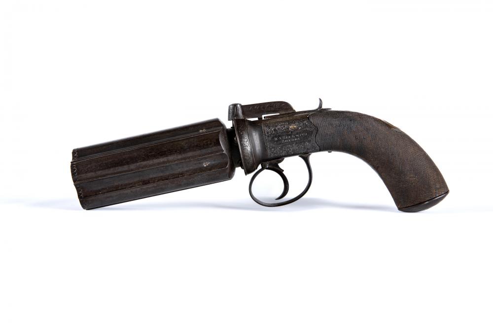 A LARGE PERCUSSION PEPPER BOX PISTOL by W. A. Beckwith Image