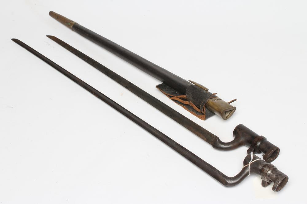 TWO ENFIELD TYPE SOCKET BAYONETS, 19th century, one with 17 1/4" blade and leather scabbard, the Image