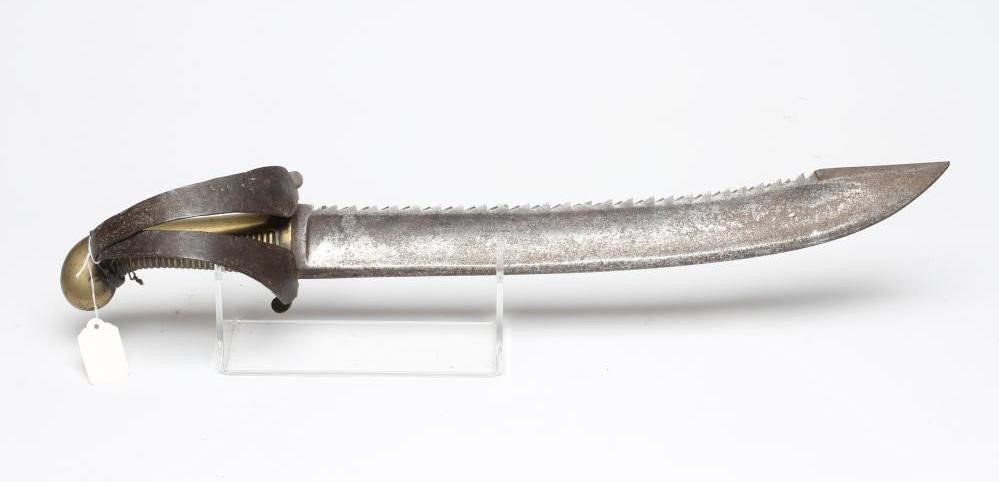 A RUSSIAN 1827 PATTERN PIONEER SHORT SWORD with 19 1/2" saw back blade, brass hilt with contemporary Image