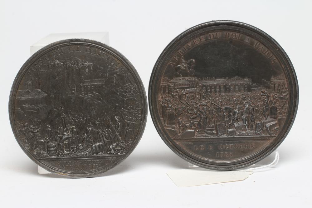 TWO FRENCH REVOLUTION LEAD MEDALLIONS, "Arrivee du roi a Paris" and "Siege de la Bastille", largest Image