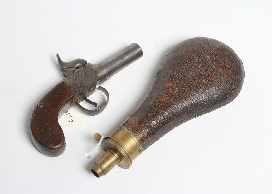 A PERCUSSION POCKET PISTOL by Joseph Hollis, with 1 3/4" barrel, etched action and walnut slab grip, Image