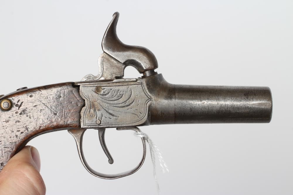 A PERCUSSION POCKET PISTOL by Joseph Hollis, with 1 3/4" barrel, etched action and walnut slab grip, Image