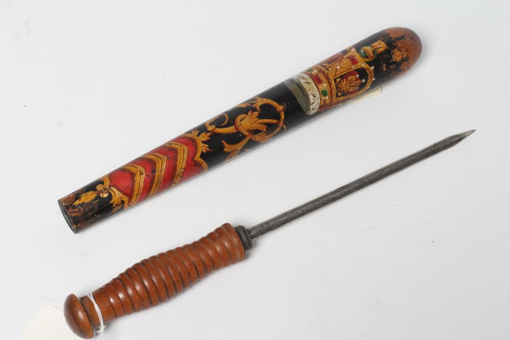 A VICTORIAN POLICE TRUNCHEON, with concealed 7 3/4" blade, ribbed wood grip and painted body with Image